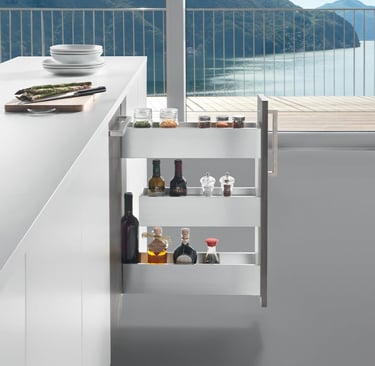 “Pull-out kitchen storage accessory with bottles and jars, premium Salice hardware by SR ENTERPRISES