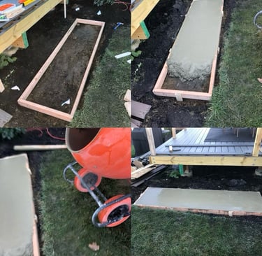 Stages of constructing a concrete pad. From grading dirt, to forming, mixing, and pouring concrete.