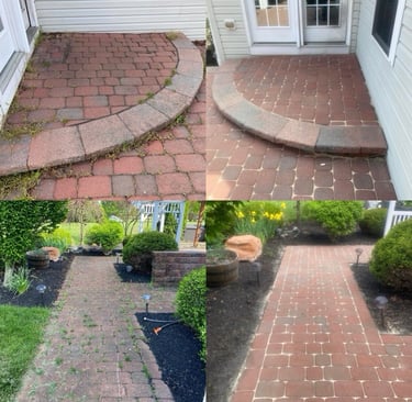 Pressure washing brick pavers, then replacing polymeric sand and sealing.
