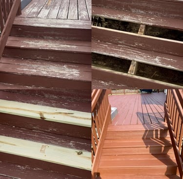Restoration of old weathered wooden deck. Replacing lumber and staining of deck in Mullica Hill, NJ