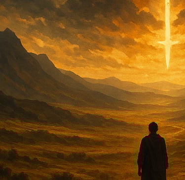 Standing in a valley before cross in sky