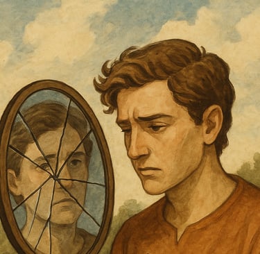 Man's reflection in broken mirror.