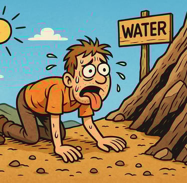 a cartoonish looking man with a sign that says water