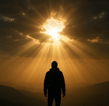 a man standing on a mountain top with a sunbeam