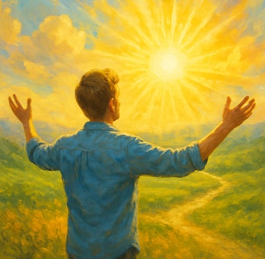 a painting of a man standing in a field