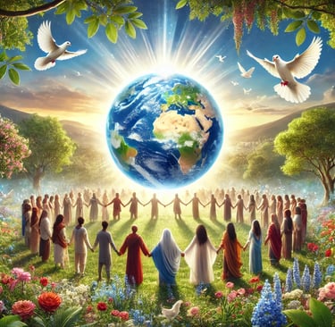 a group of people holding hands in front of a globe
