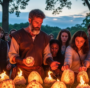 Man and group holding rocks on fire.
