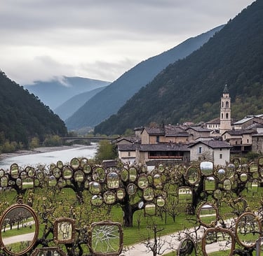 a scenic view of a mountain range with a church in the background