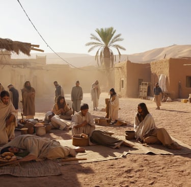 a group of people sitting around on sand