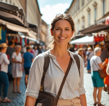 A traveler in a busy European street market