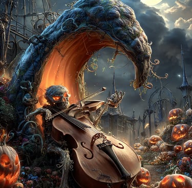 ghoul playing a cello in a haunted pumpkin patch 
