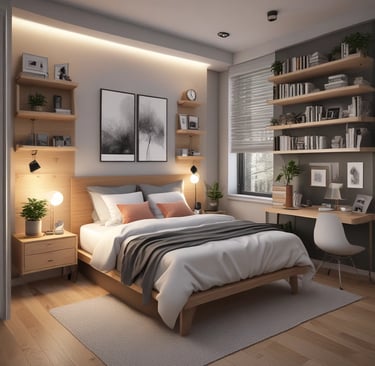 A room with a bed, desk, and shelves