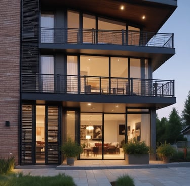 Sunflowers grow on a modern apartment balcony.