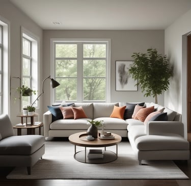 A modern grey sectional sofa in an empty room.