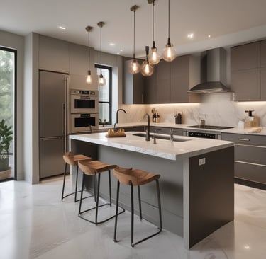 Modern white and wood kitchen with marble backsplash.