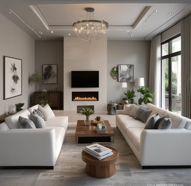 a living room filled with furniture and a mirror