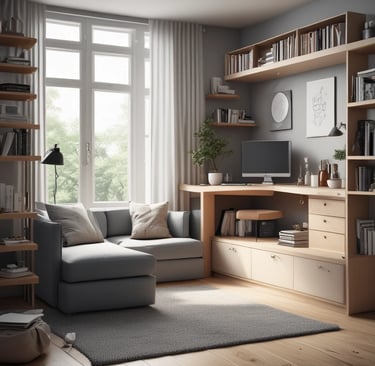 A modern coffee table with books and shelves.