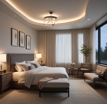 a bed in a dark room with a green light coming through the window