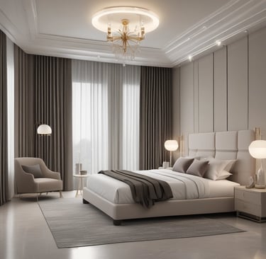 a bedroom with white walls and a large bed