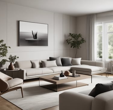 a living room filled with furniture and a mirror