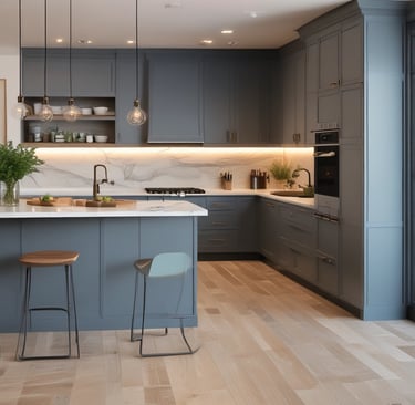 a kitchen with stainless steel appliances and a wooden counter