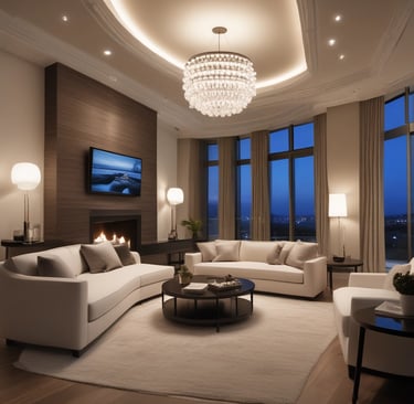 a desk with a monitor and a lamp on it