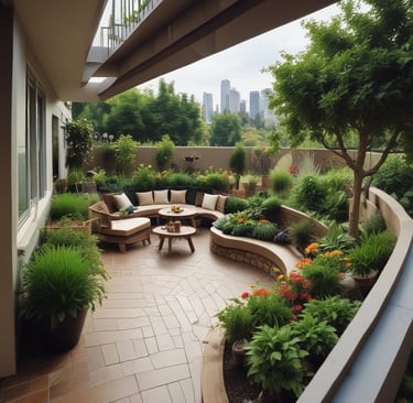 Pink wall with trees and buildings under blue sky.