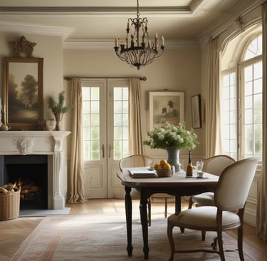 Wooden staircase with framed photos on pink wallpaper