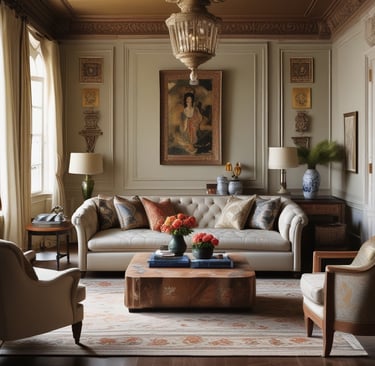 Dining table set with wooden chairs and world map decor.