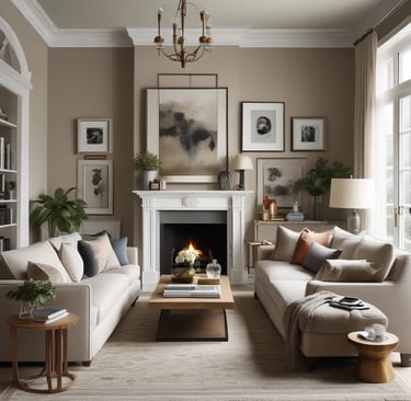 A living room with a large painting on the wall