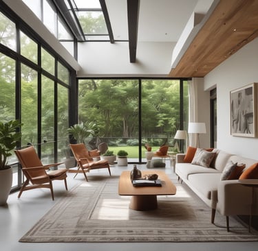 A room with a desk, chair and a potted plant