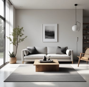 A couch with pillows and artwork on the wall.