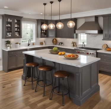 A modern kitchen with light wood countertops and island.