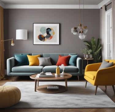 living room with gray sofa and brown wooden coffee table