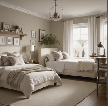 Curtains frame a window in a bright room.