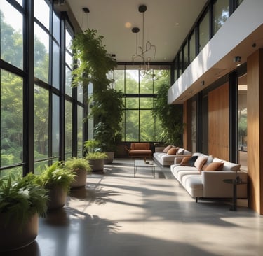 a room with a table, chairs, and potted trees