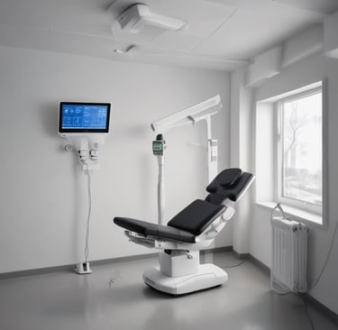 A serene therapy room with calming blue tones.