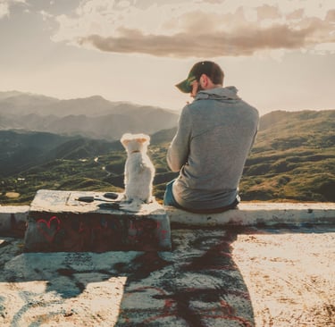 man and his dog enjoy a view of green hills