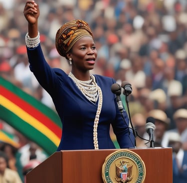 A young woman speaking confidently at a podium.
