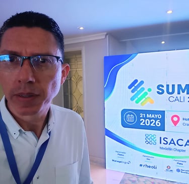 A man in glasses stands before an ISACA Summit Cali 2026 digital conference banner.