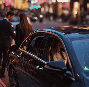 Vehículo VTC negro recogiendo pasajeros en el centro de Málaga durante un traslado