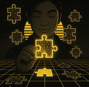 person with eyes closed holds a glowing jigsaw puzzle piece in a contemplative fashion