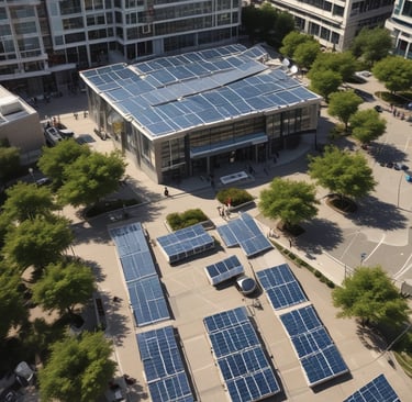 An eco-friendly apartment complex with green roofs.