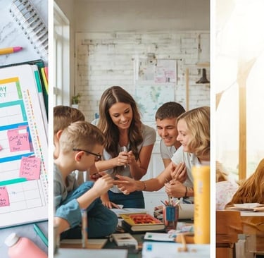 a group of people sitting around a table with a dog