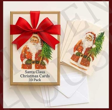 a hand painted christmas card print with a santa clause holding a christmas tree