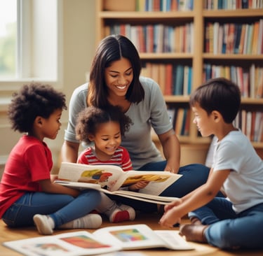 A diverse group of children sitting together, sharing books.