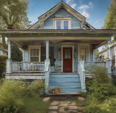 a run down house with a blue house with a red door