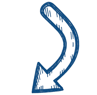 A hand-drawn blue curved arrow pointing downwards with a textured, sketchy doodle style.