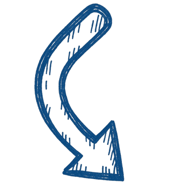 A hand-drawn blue curved arrow pointing downwards with a textured, sketchy doodle style.