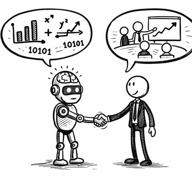 Hand-drawn illustration of a robot and businessman shaking hands, symbolizing AI business integration.